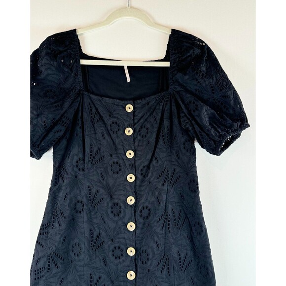 Free People Womens Dress Black Daniella Eyelet Mini Puffed Babydoll Boho Size 8 - Picture 7 of 10